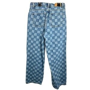 Pacsun Girls Size 14 Wide Leg JeansSmiley Face Checkerboard Denim Blue Patchwork